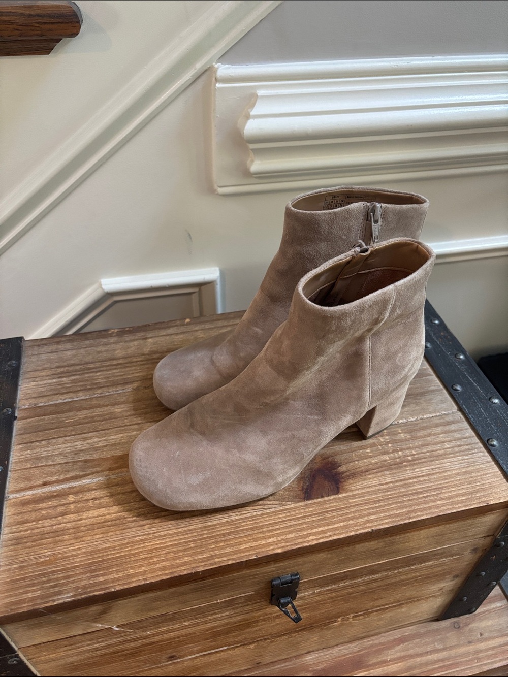Vionic Taupe Suede Ankle Booties with Block Heel